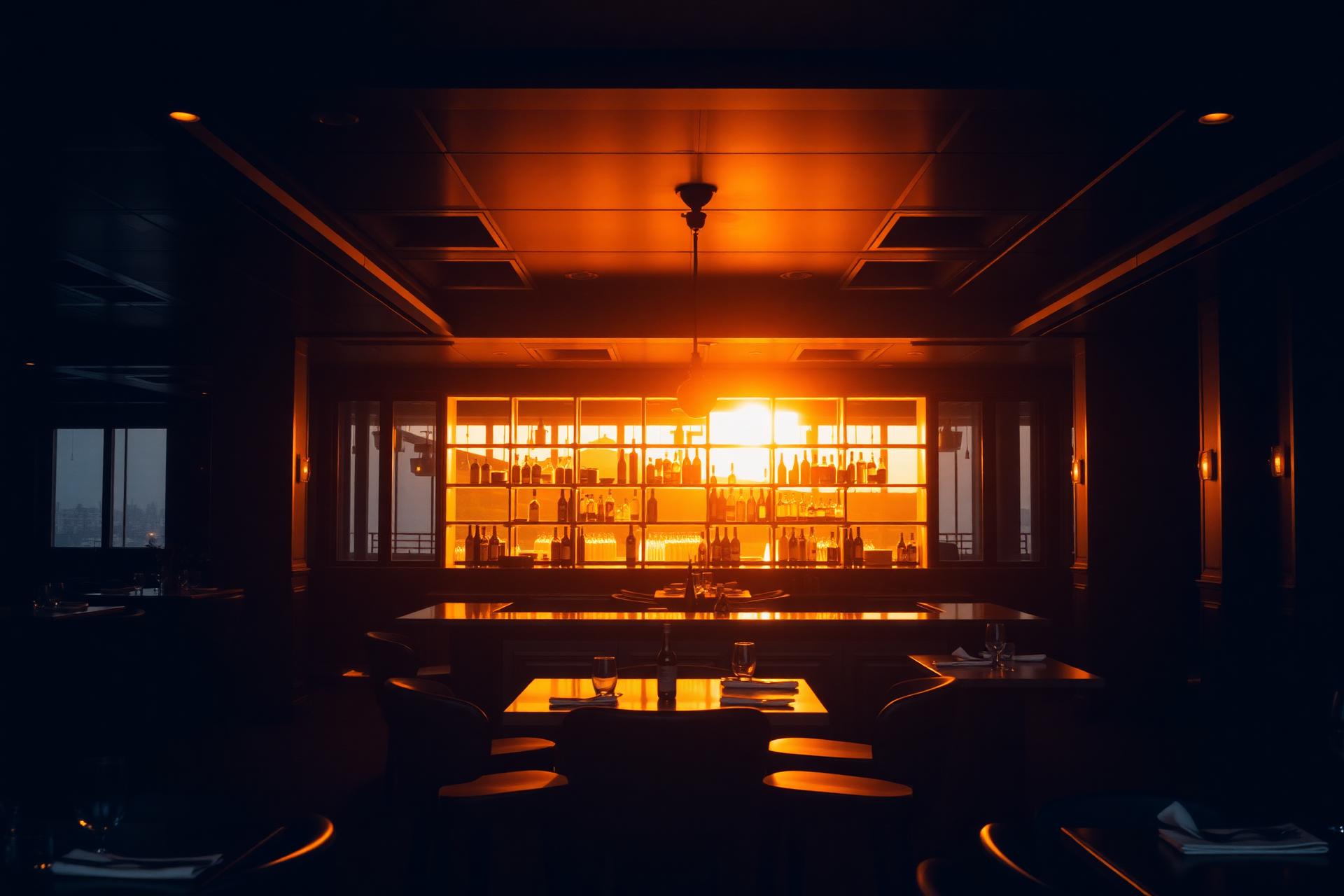 Warm restaurant interior at golden hour